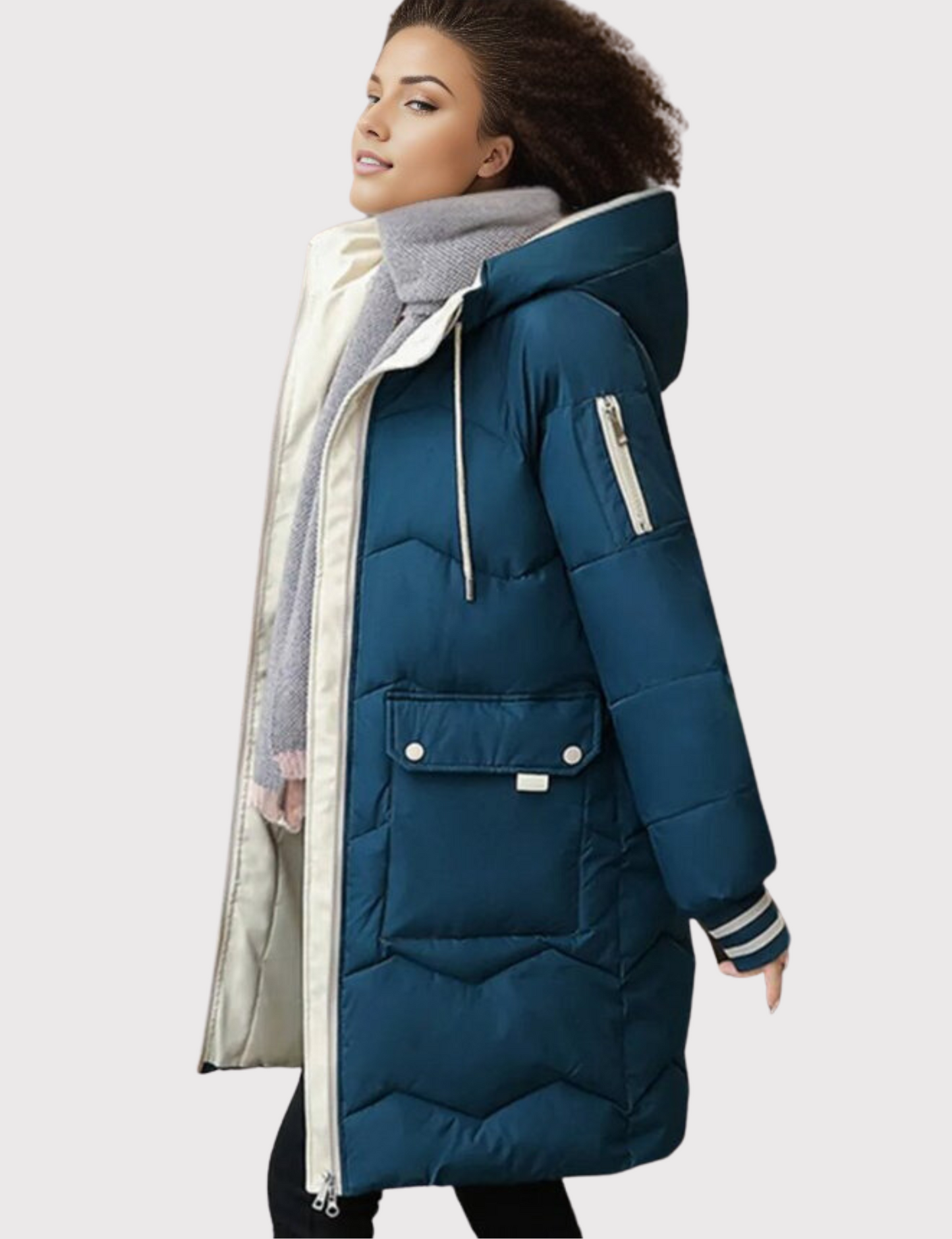 Street-wave Womens Elegant Puffer Jacket With Hood Cozy Warmth And Red Zippers For Cold Weather