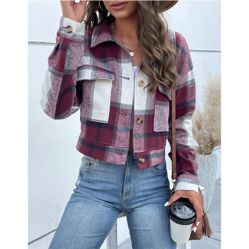 Street-wave Pink Plaid Jacket for Women - Cozy Trendy Outerwear With Button Closure