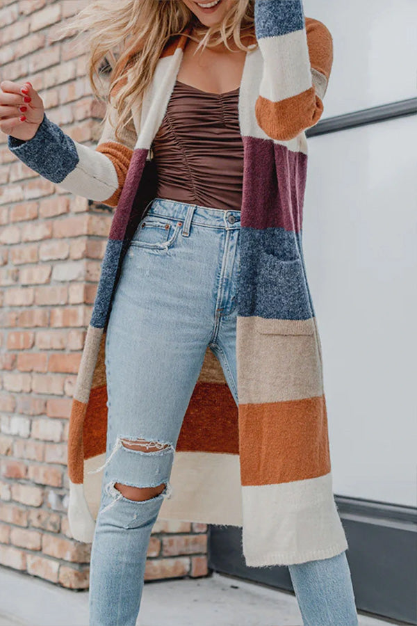Street-Wave Open Front Color Block Knit Cardigan For Women Cozy Warmth Modern Style