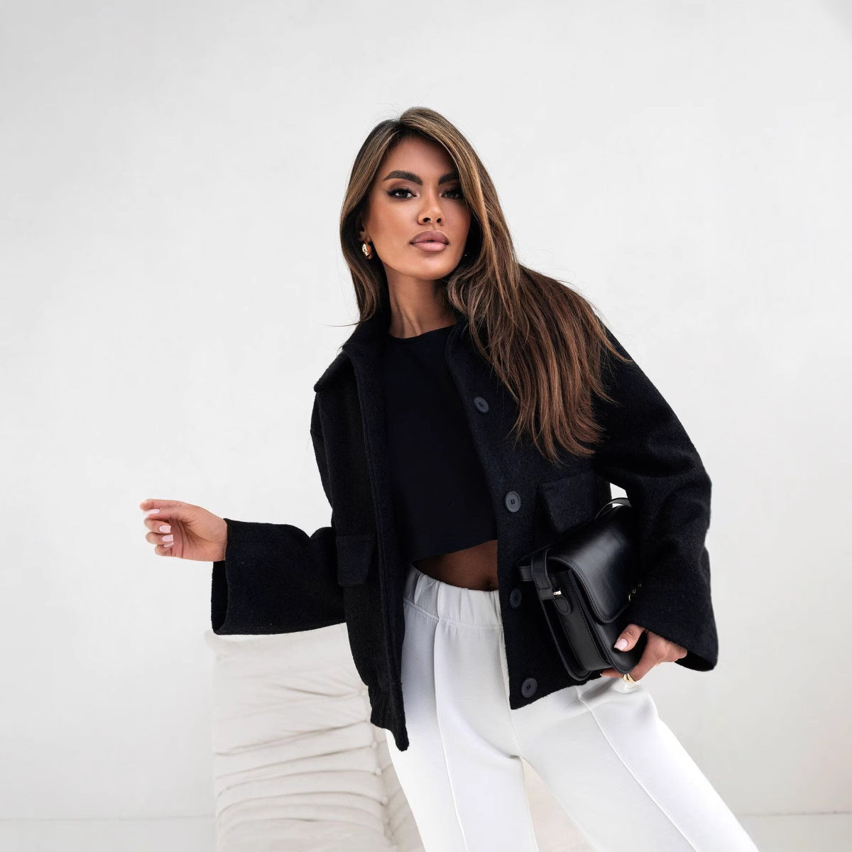Street-Wave Oversized Short Wool-Blend Jacket With Button Front And Pockets For Women