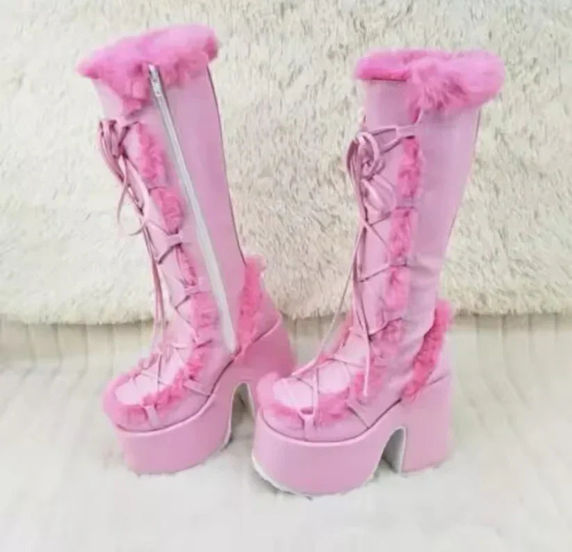 Street Wave Stylish Faux Fur Winter Boots for Women Waterproof Warm Lined Tall Boots Soft Fleece Lining