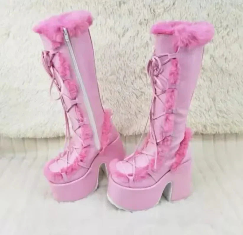 Street-wave Fur Lined Knee High Boots With Lace Up Platform Heels For Winter Fashion Lovers