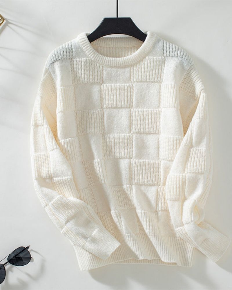Street-wave Cozy Checker Knit Sweater For Women Warmth Soft Texture Modern Style