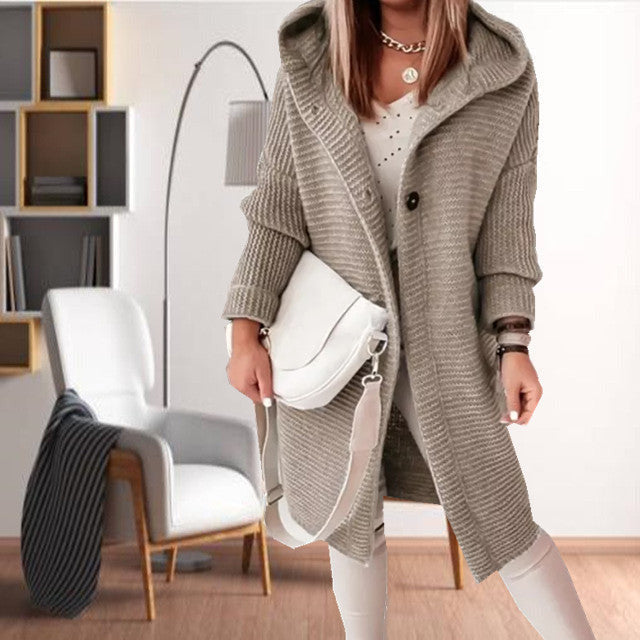 Street-wave Knit Hooded Coat For Women With Cotton Acrylic Blend, Cozy Warmth, All Season Style
