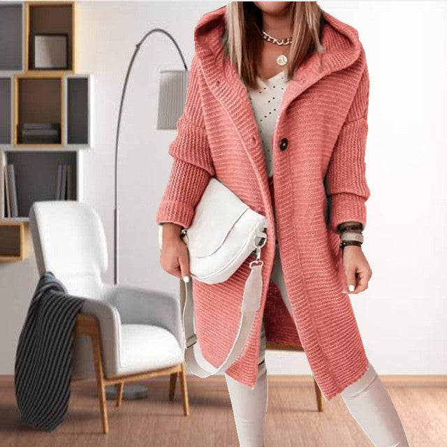 Street-wave Knit Hooded Coat For Women With Cotton Acrylic Blend, Cozy Warmth, All Season Style