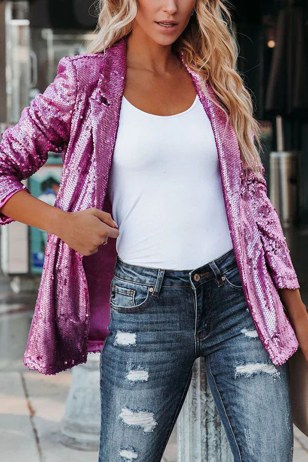 Street-Wave Sequined Blazer With Sparkling Lapels For Glam Night Out Women Fashion Forward