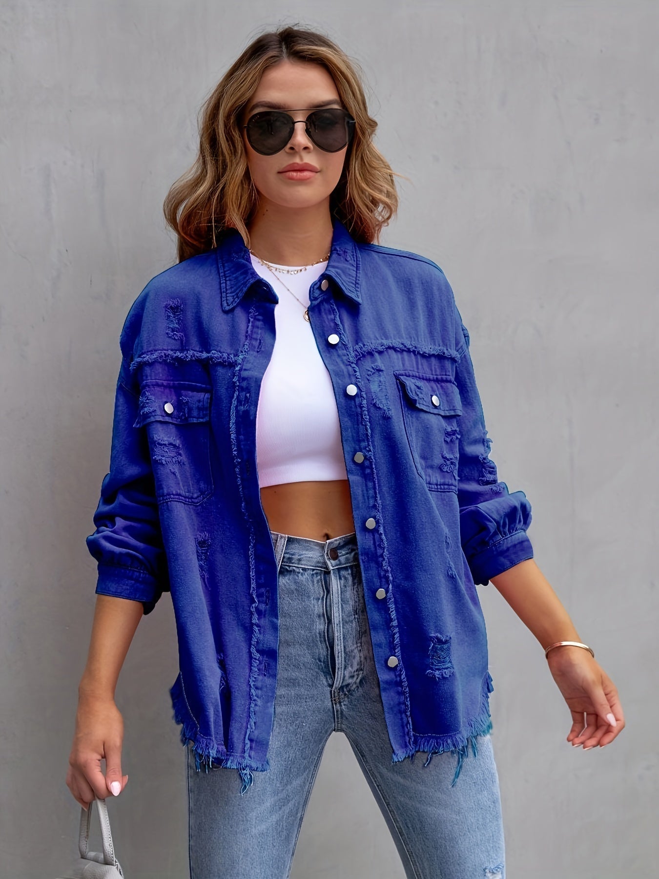 Street-Wave Boho Denim Jacket For Women Button Front Distressed Non Stretchy Frayed Hem