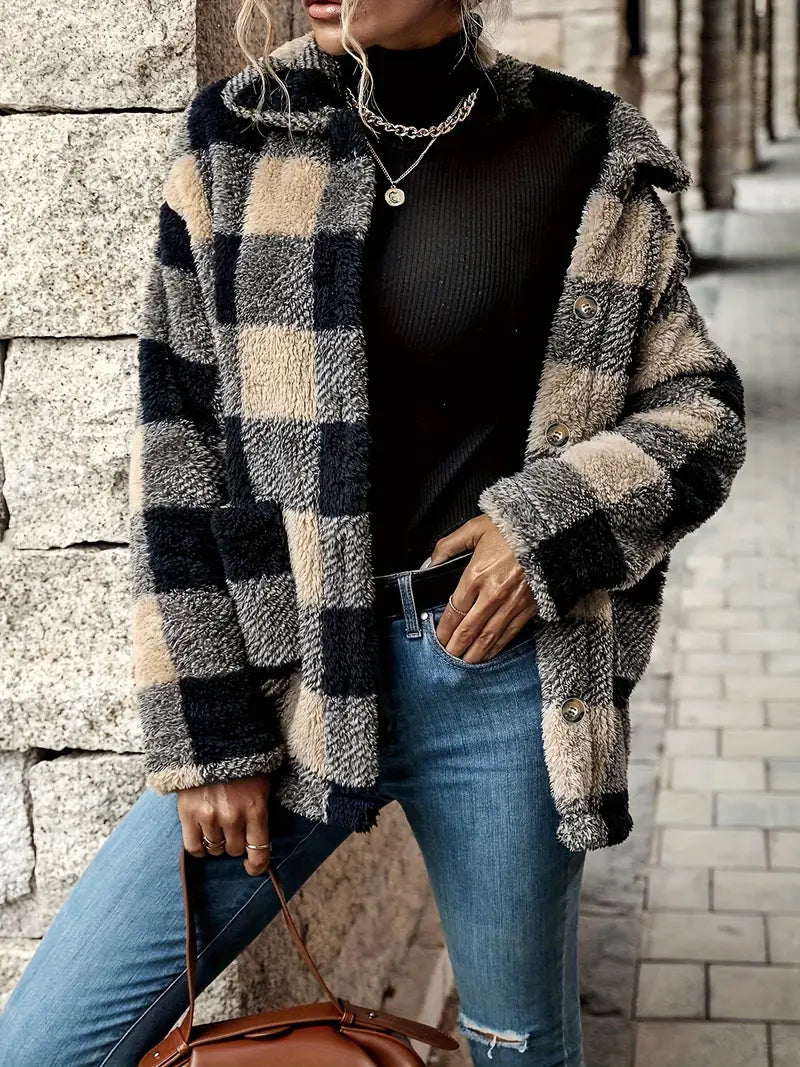 Street Wave Reversible Plaid Coat For Women Warm Cozy Fleece With Button Front And Relaxed Fit