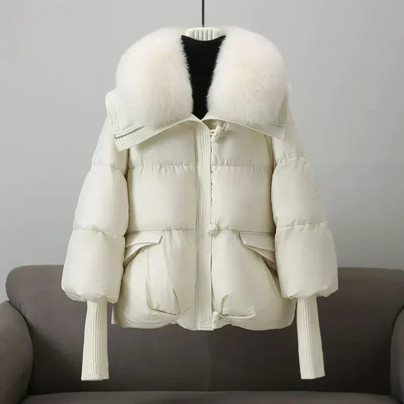 Street-wave White Down Coat With Fur Collar For Women Luxurious Warmth And Style