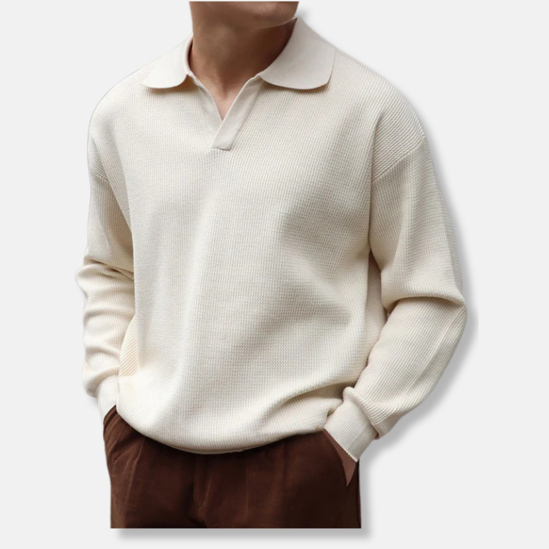 Men's Knit Pullover Sweater Polo Collar V Neck Relaxed Fit With Ribbed Cuffs Casual Warmth