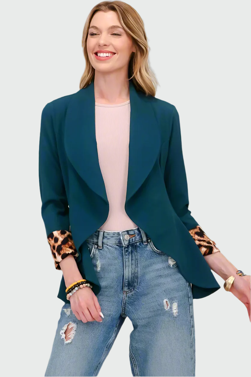 Street-Wave Leopard Print Blazer With Leopard Cuff Sleeves Flowy Open Front For Women Casual Chic