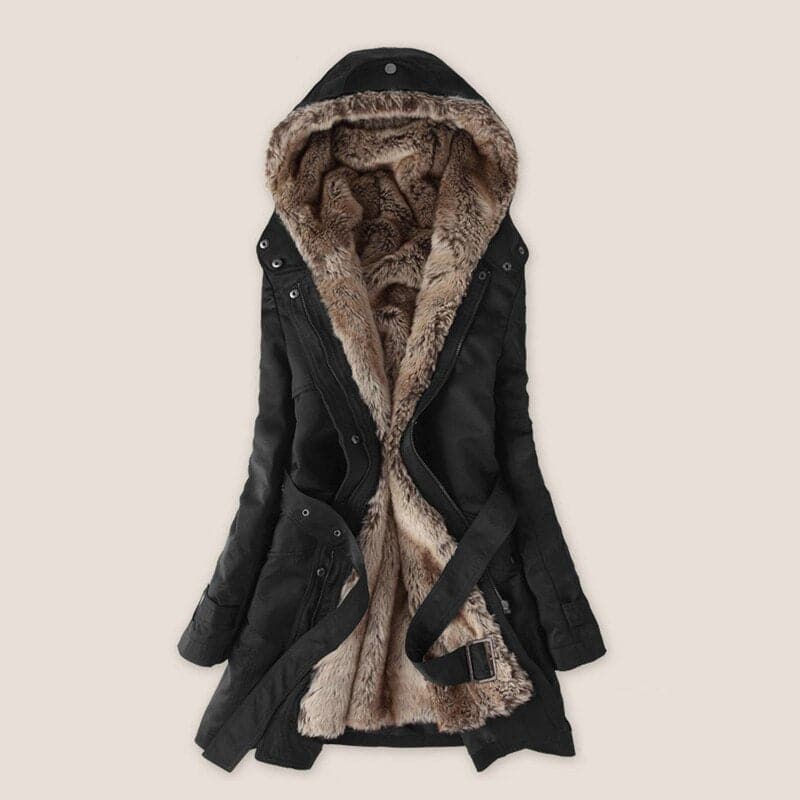 Street Wave Faux Fur Lined Parka Hooded With Belt Relaxed Fit Winter Coat For Women