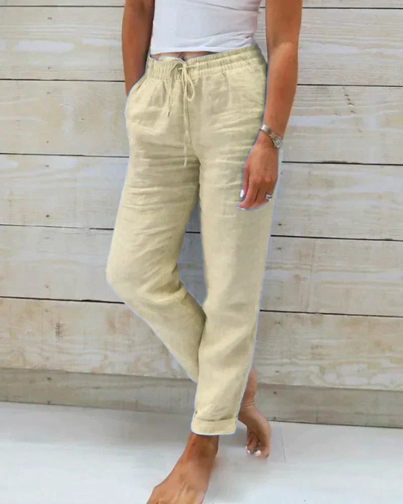 Women's Pants - Lightweight Linen Mix - Relaxed Fit - Elastic Waist with Drawstring - Ankle Length
