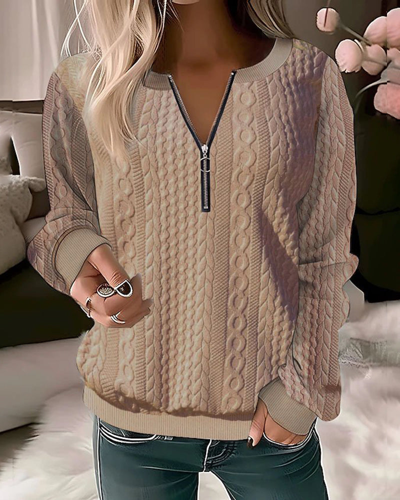 Street-wave Cable Knit Zip Pullover For Women, Soft Durable Pink Knit Sweatshirt, Chic Everyday Comfort