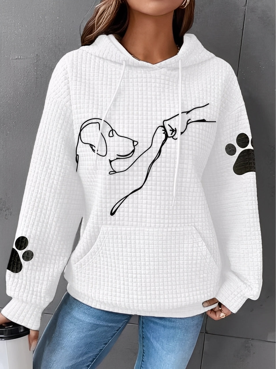 Street Wave Hoodie For Women Soft Quilted Knit Warmth Cat Graphic With Paw Print Sleeves