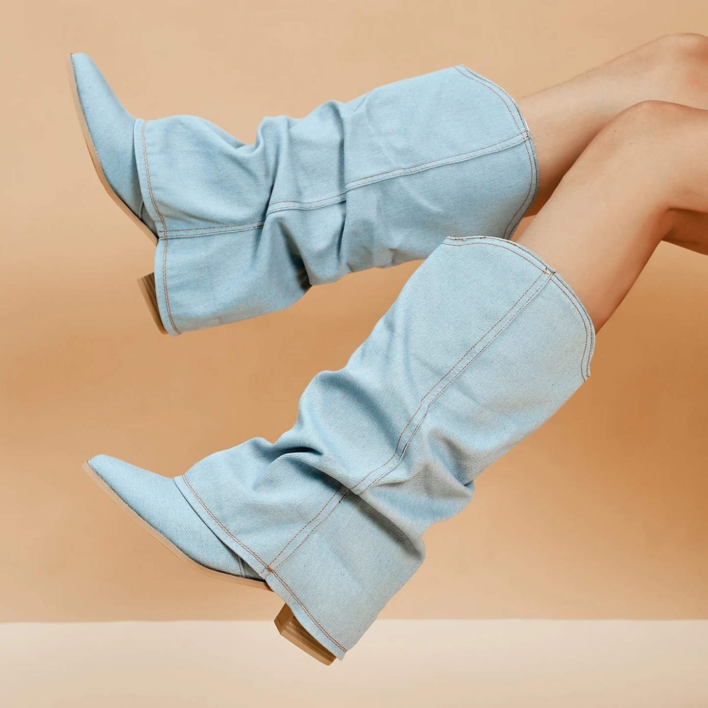 Street-Wave Folded Denim Boots With Block Heel For Fashion-Forward Women Stylishly Comfortable