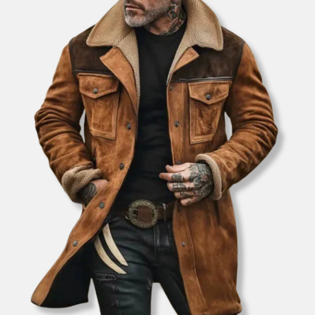 Men's Trench Coat With Suede-Like Fabric And Shearling Collar, Relaxed Fit, Button Front