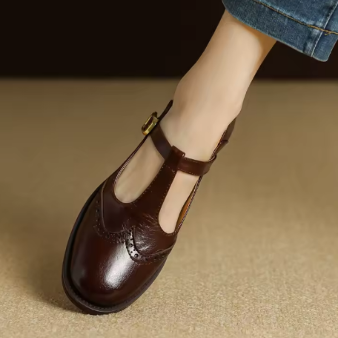 Women's T-Strap Shoes with Low Block Heel and Adjustable Strap