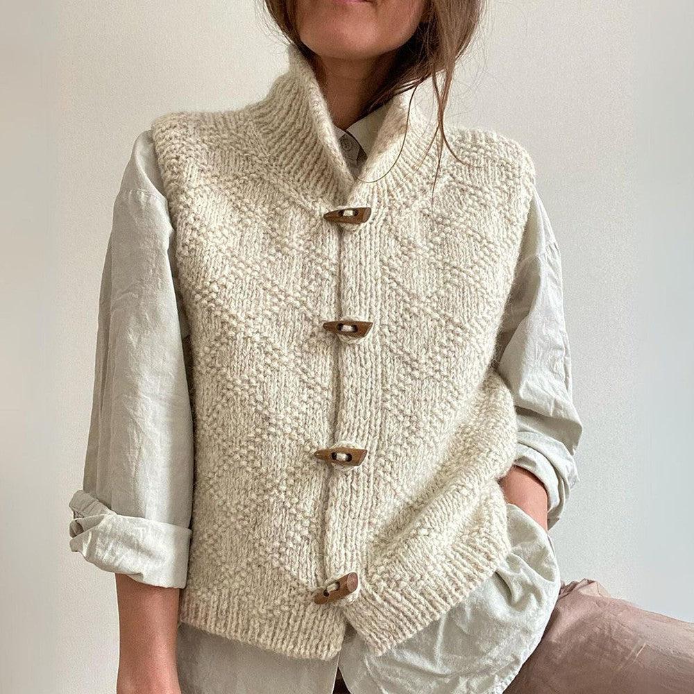 Street-wave Textured Sleeveless Knit Vest For Women - Cozy Cardigan With Wood Toggle Buttons