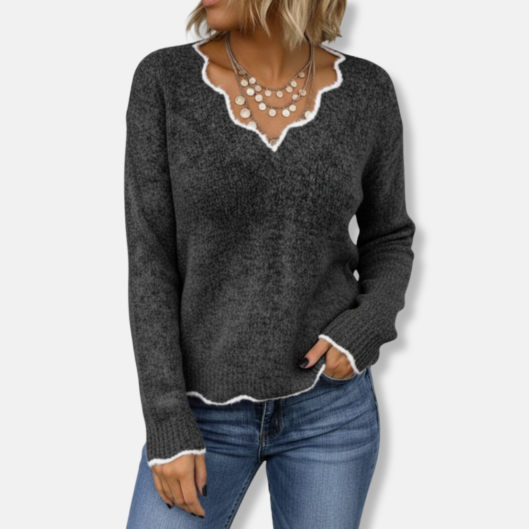 Nordisk-Flair Women Soft Wool Knit Sweater Relaxed Fit Scalloped Neckline