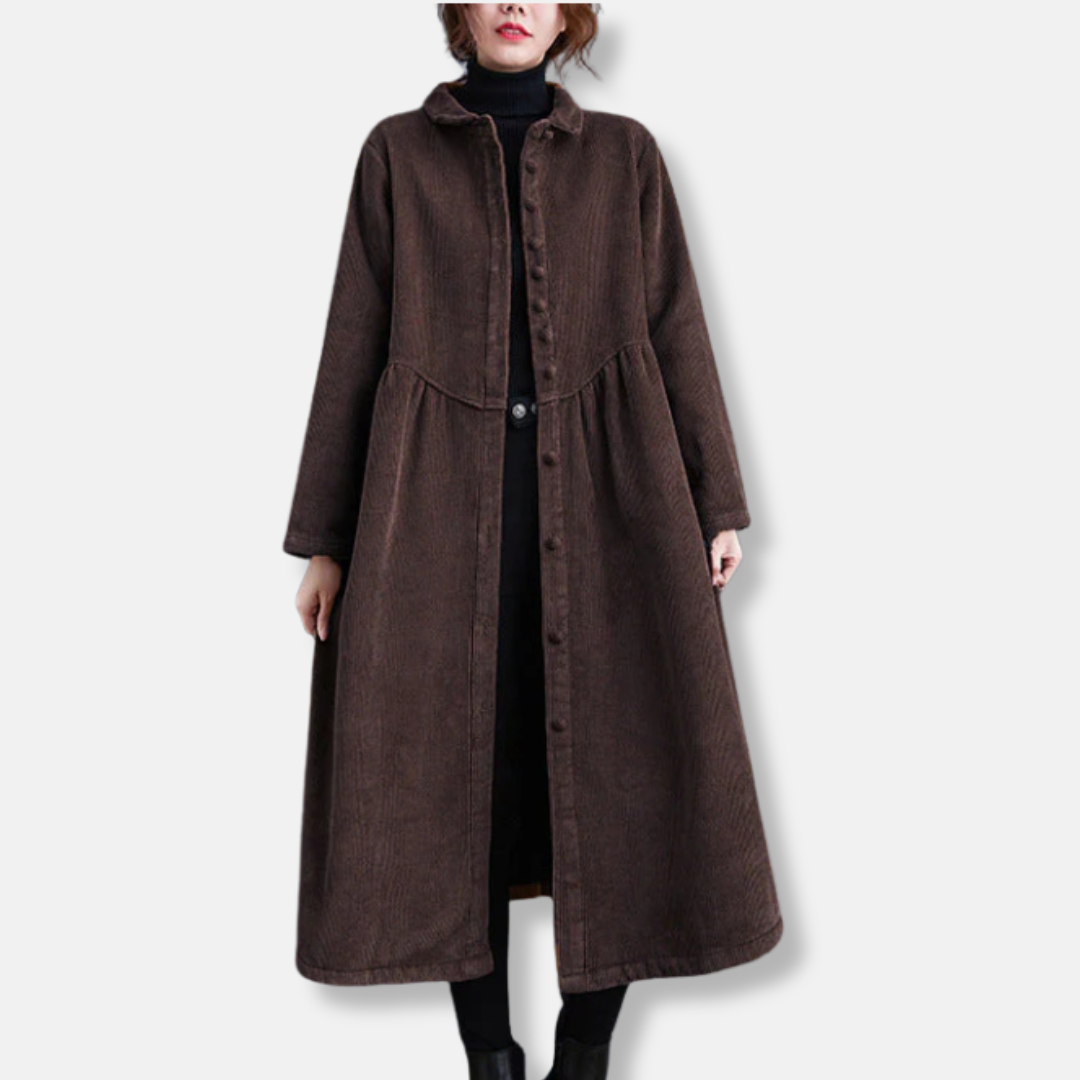 Street-Wave Corduroy Midi Coat With Relaxed A-Line Fit And High Collar For Women Chic Everyday