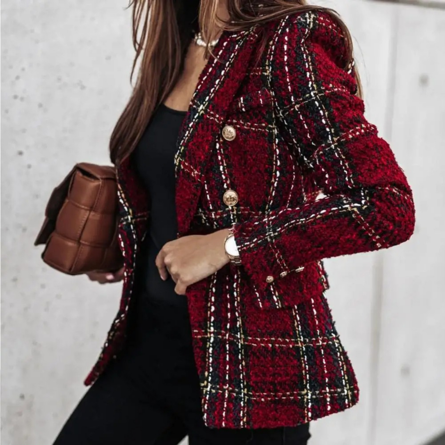 Street-Wave Women's Tweed Blazer Elegant Winter Jacket With Gold Button Detailing Premium Wool Blend