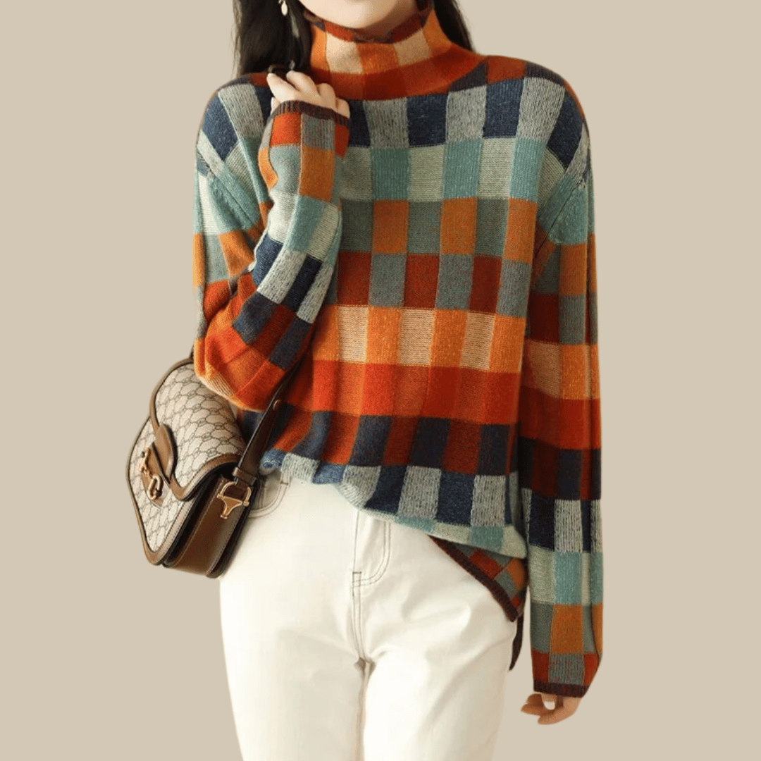 Street-wave Cashmere Patchwork Turtleneck Sweater for Women - Luxuriously Soft Warmth