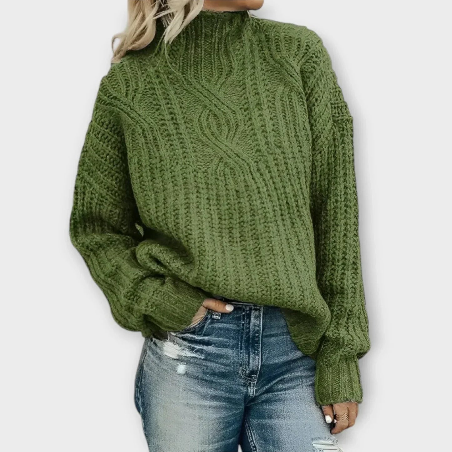 Women's High-Neck Sweater with Ribbed Texture and Long Sleeves