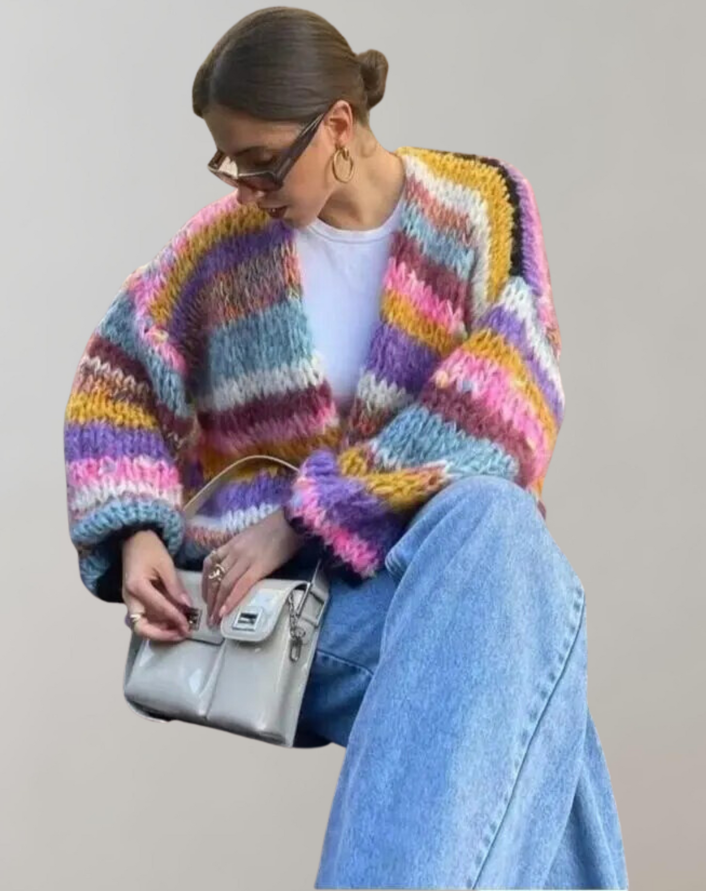 Street-Wave Knit Cardigan Open Front for Women Ylva Cozy Wool Blend Warmth Multicolor Striped Design