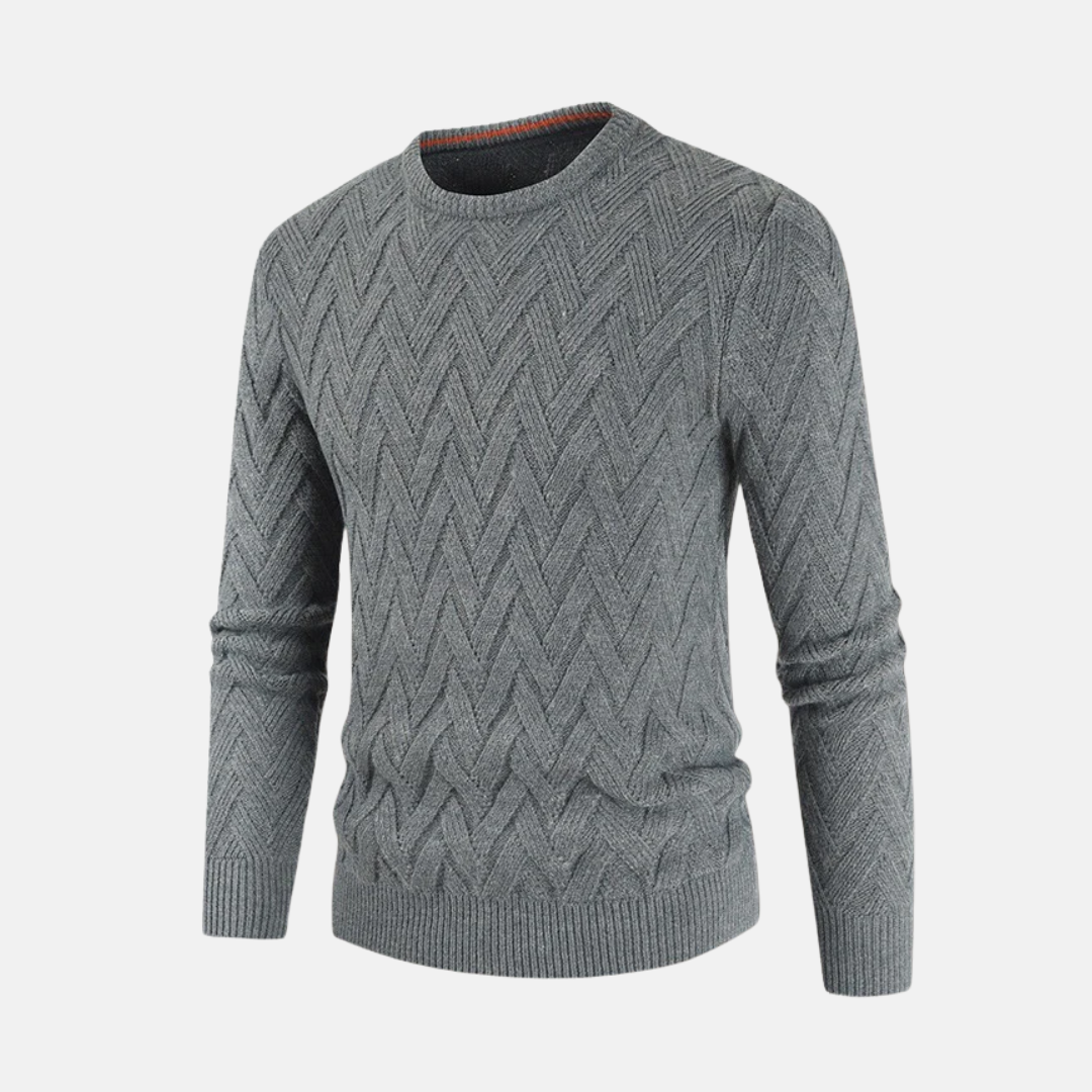 Men's Wool Crew Neck Sweater With Chevron Knit Texture And Ribbed Cuffs And Hem Classic Fit