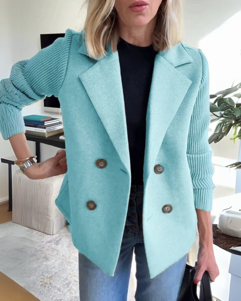 Street Wave Beige Double Breasted Blazer With Knit Sleeves For Casual Chic Women