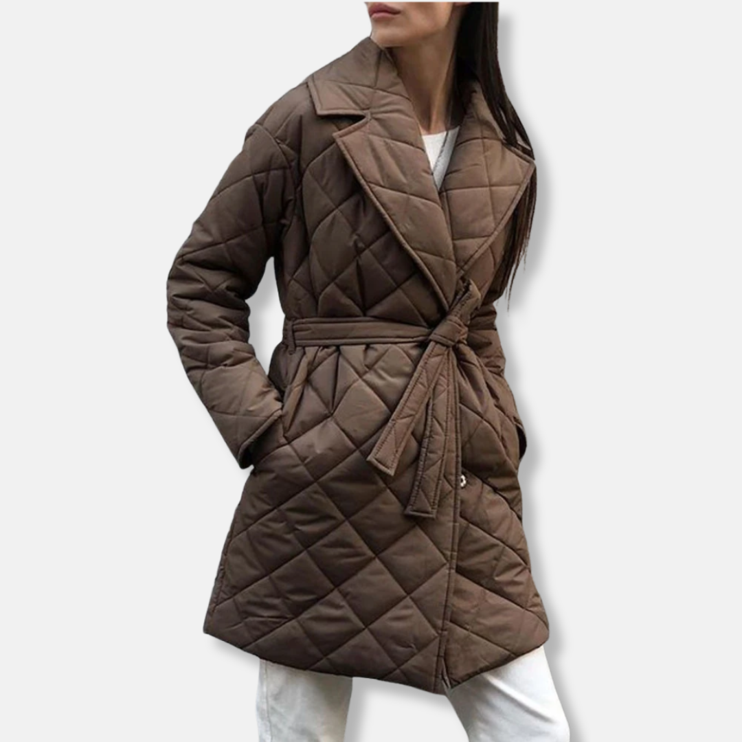 Street-wave Padded Quilted Coat Midlength With Belt Notched Lapel Tailored Fit For Women