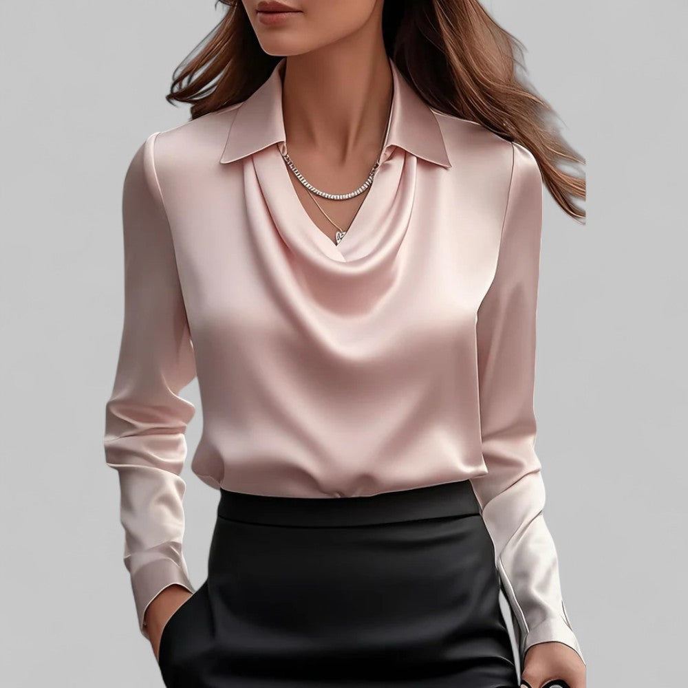 Satin Blouse Women Draped Neck Long Sleeve Street Wave Elegant Silky Top