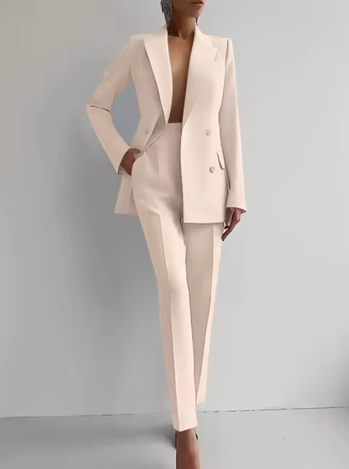 Street-Wave Women Tailored Double Breasted Blazer And High Waisted Trousers Suit For Professionals