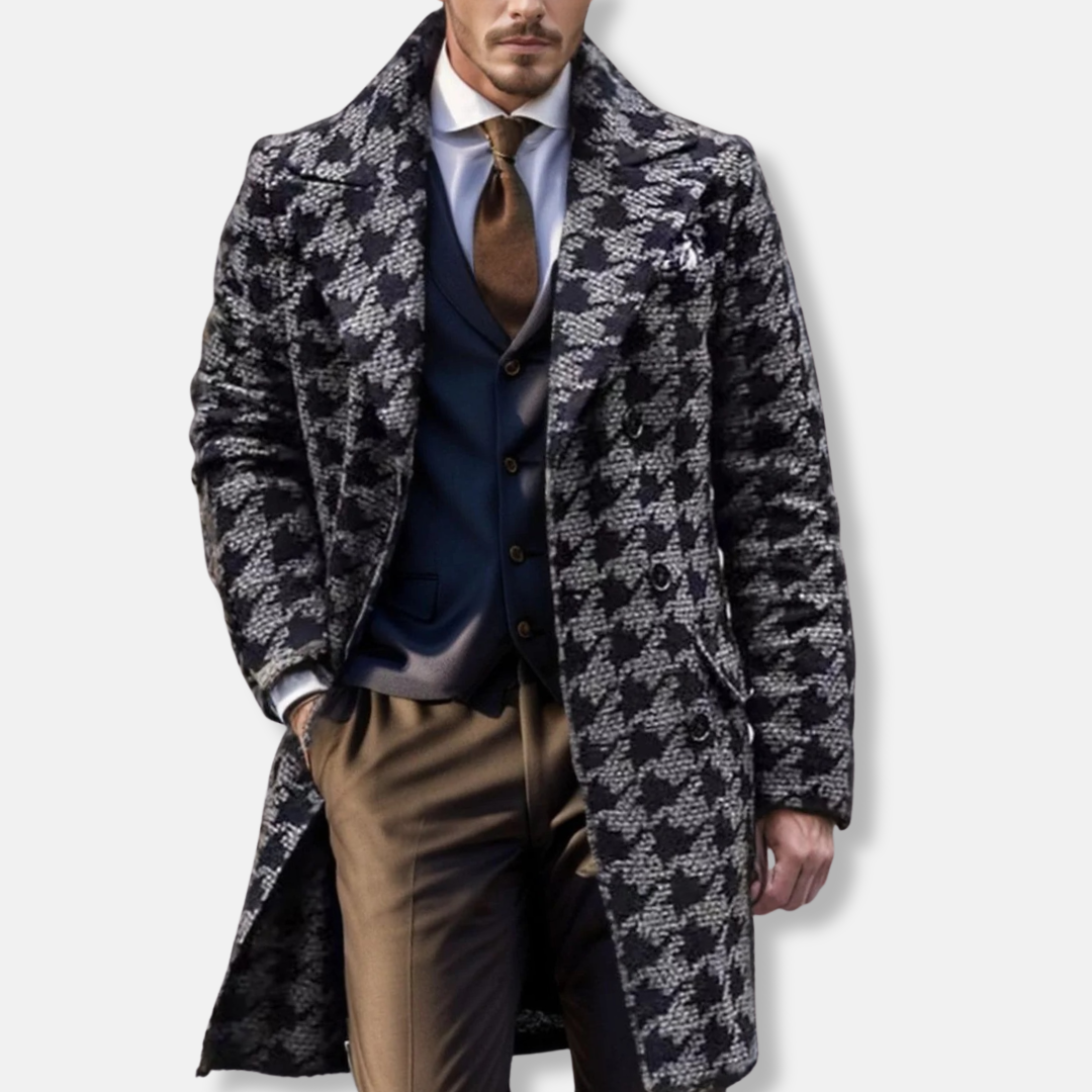 Men's Wool Blend Trench Coat With Geometric Pattern, Tailored Fit, Notch Lapel Modern Style