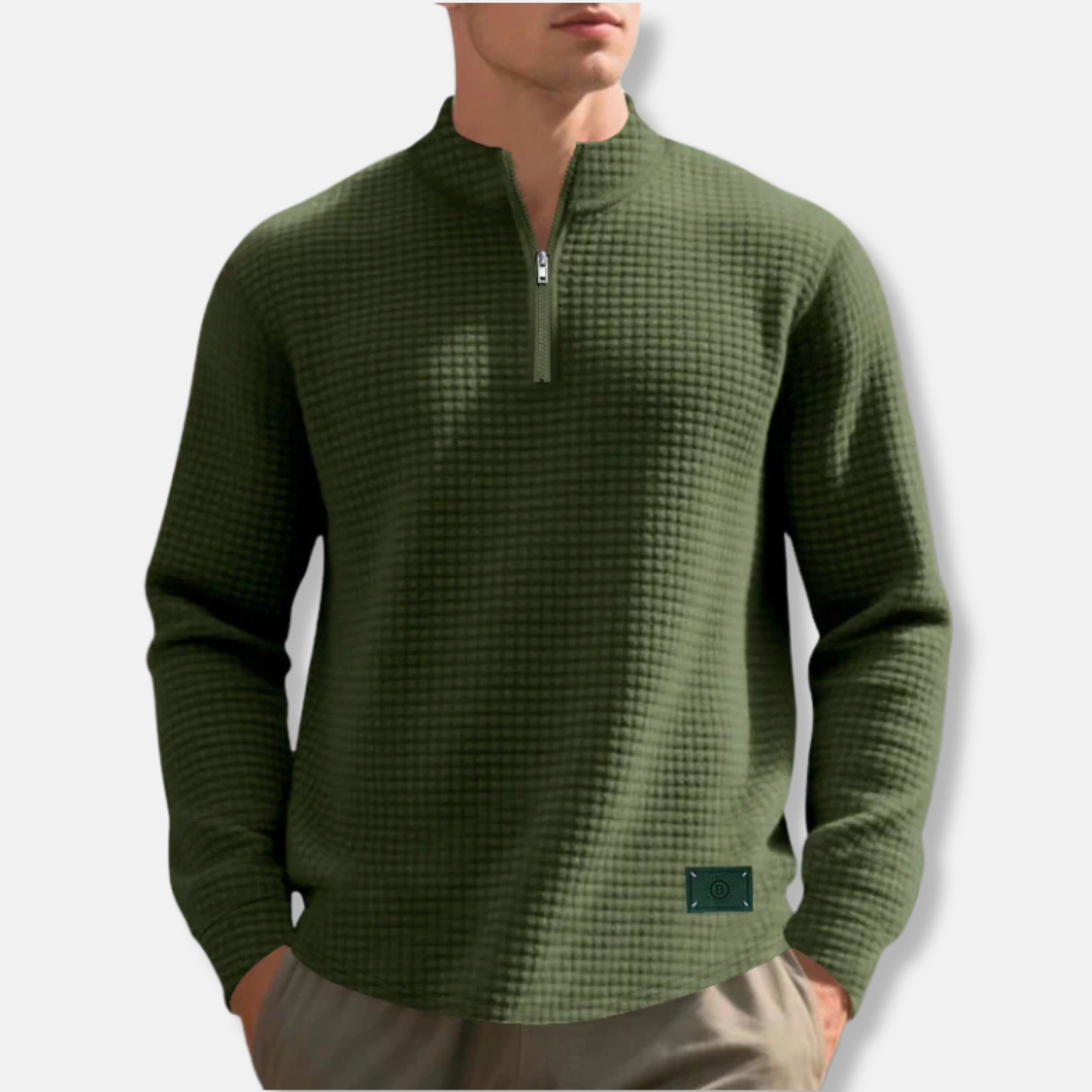 Men's Waffle Knit Regular Fit Mock Neck Quarter Zip Sweater For Cold Weather By Street-Wave