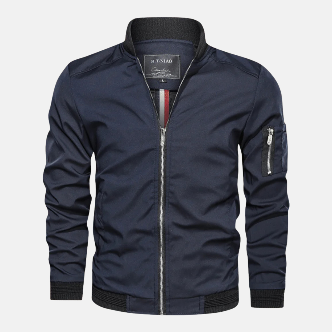 Mens Bomber Jacket Regular Fit Wind Resistant With Ribbed Trim And Zipper Closure