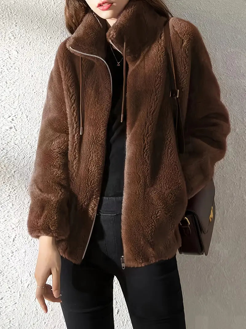 Street Wave Isla Teddy Coat For Women Warm Cozy Faux Fur Jacket With Zip Drawstring Hood