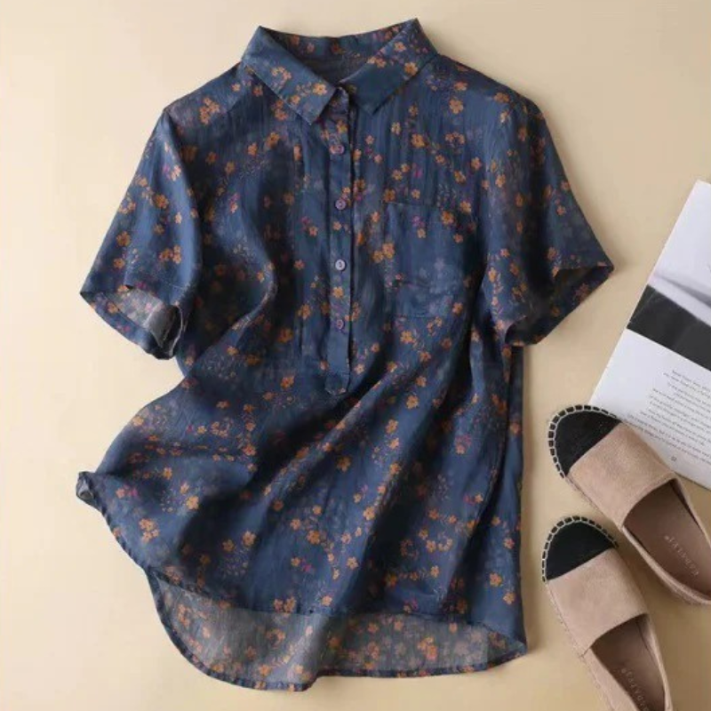 Women's Floral Half-Placket Shirt with Button Detail and Lightweight Fabric