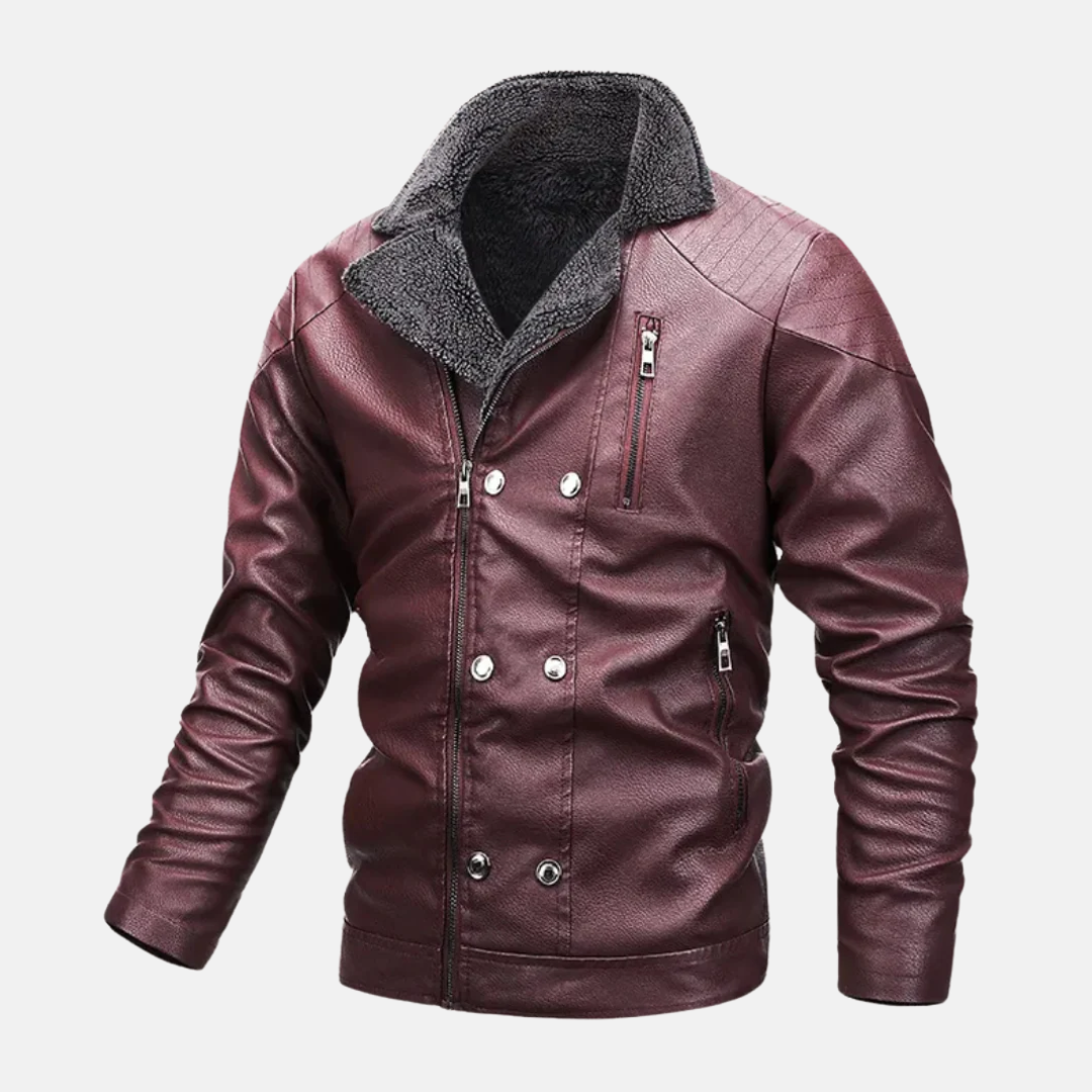 Street-Wave Men Faux Leather Jacket Shearling Lined Quilted Shoulders Zip And Button Closure