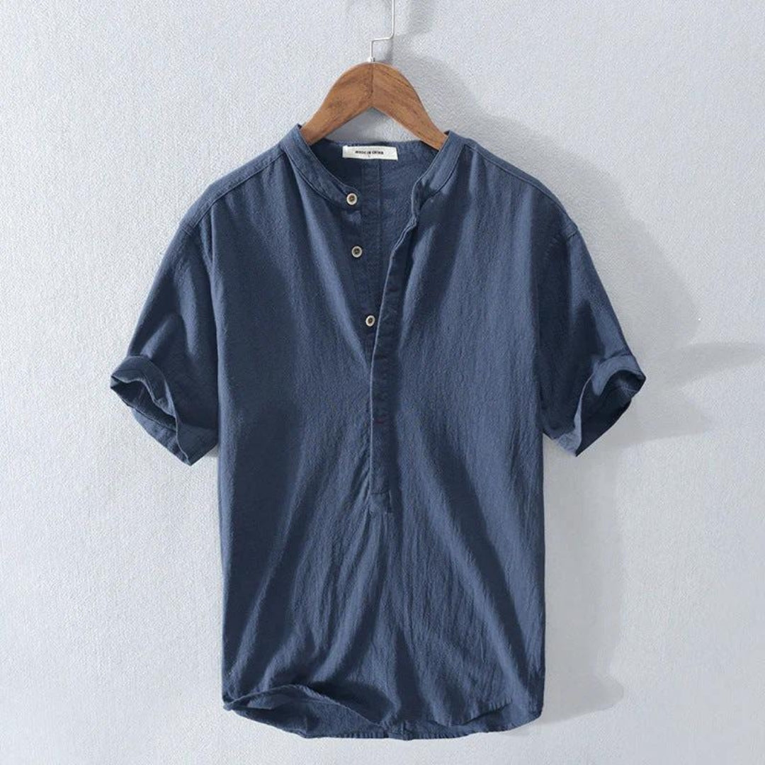 Street Wave Amalfi Cotton Blend Henley Shirt For Men With Relaxed Chic Short Sleeve