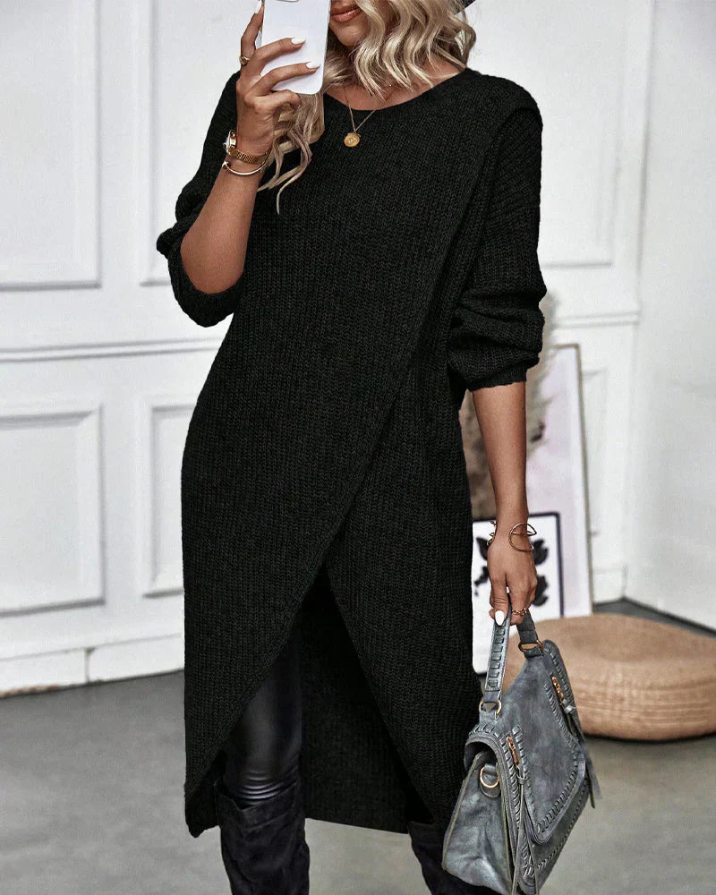 Street-wave Asymmetrical Knit Tunic Dress For Women Elegant Modern Wrap Cozy Polyester Acrylic