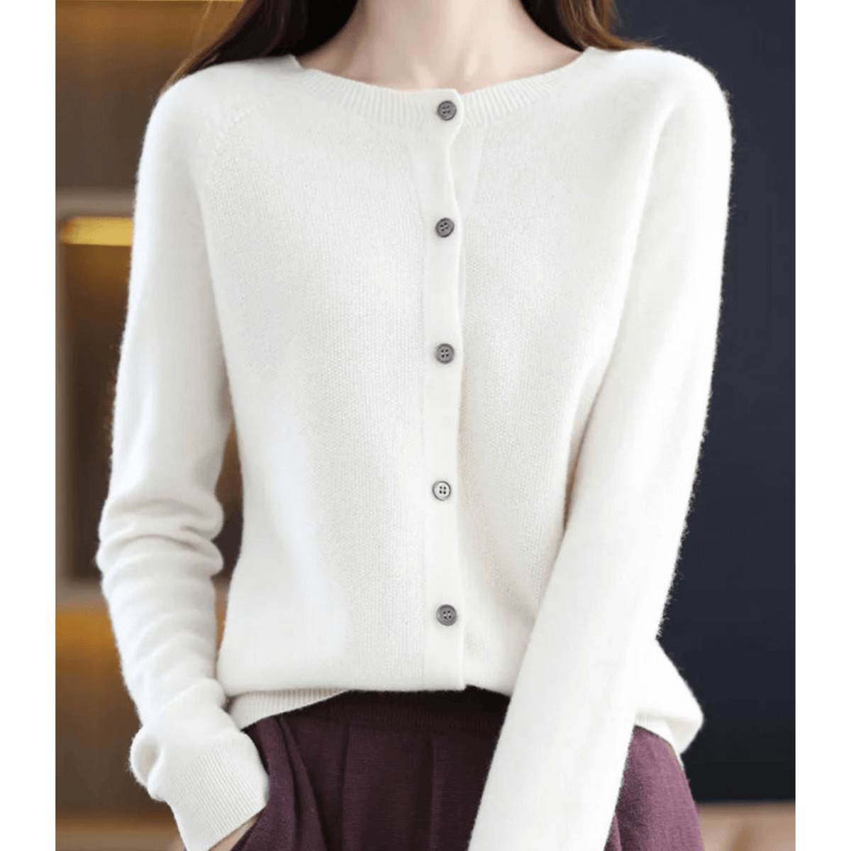 Street-Wave Womens Fine Knit Cardigan Crew Neck Soft CashmereFeel Merino Wool Blend Cozy Warm Essential