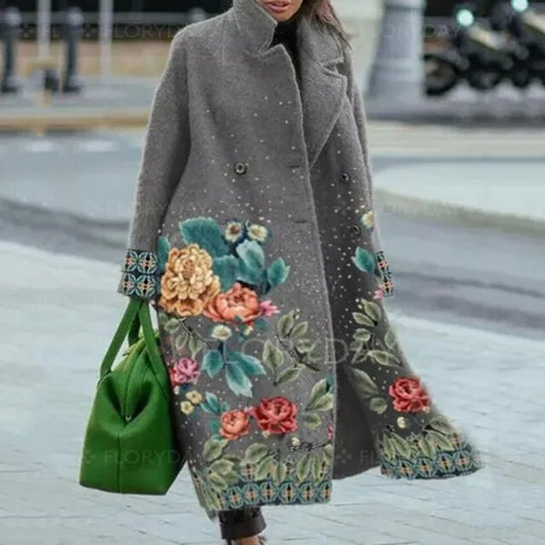 Street-wave Floral Embroidered Coat For Women Elegant Long Wool Blend With Bold Floral Pattern