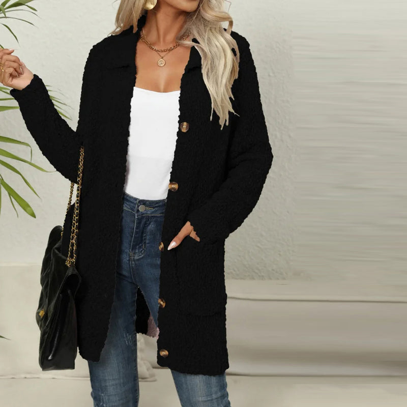 Street-wave Knitted Cardigan For Women Cozy Versatile Cotton-Acrylic Blend With Pockets