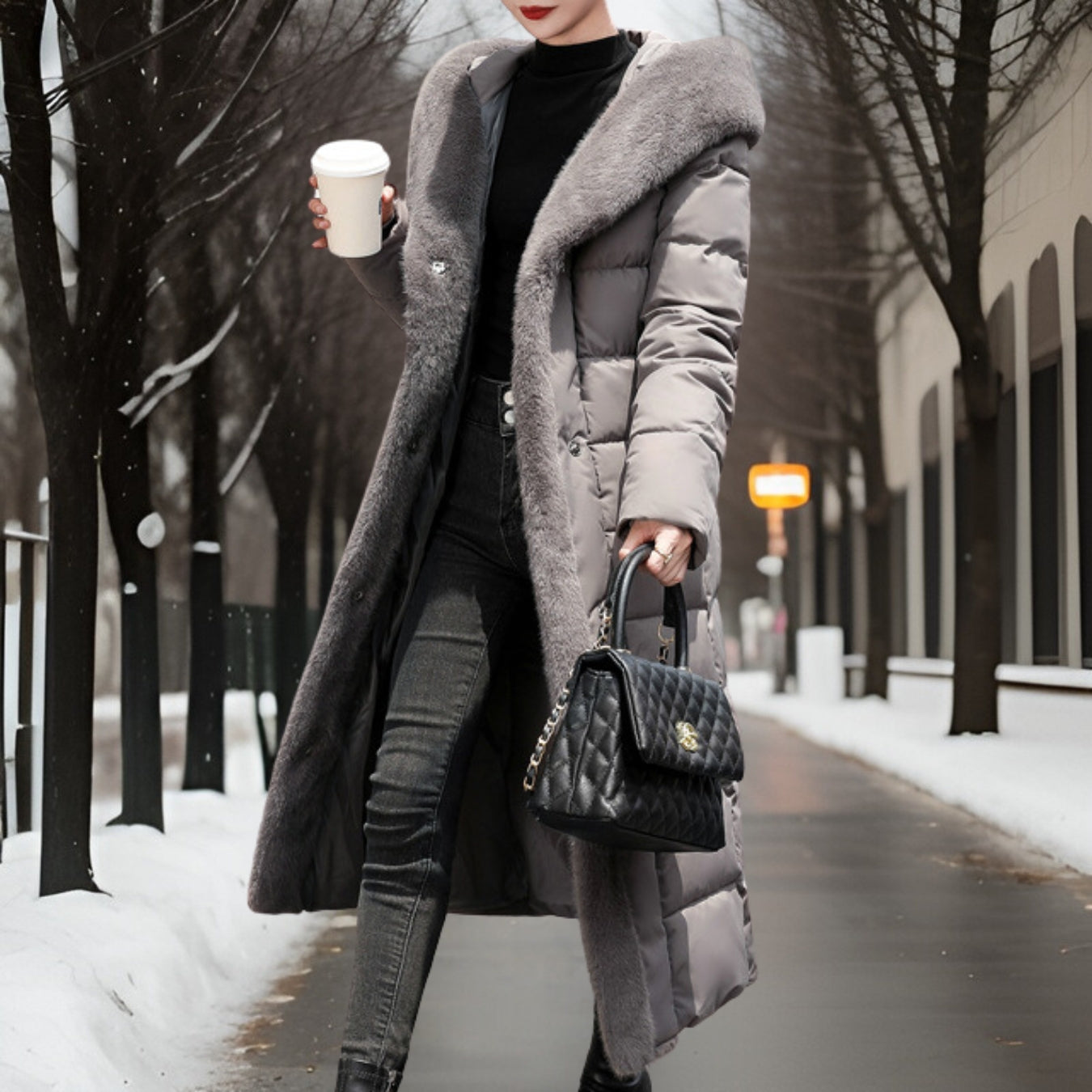 Street-Wave Women's Long Puffer Coat Belted Patchwork Quilted With Faux Fur Collar Warm Winter Jacket