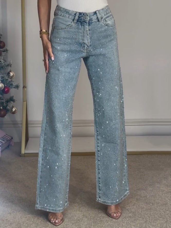 Embellished Straight Leg Jeans High Rise Rhinestones Street Wave Modern Women
