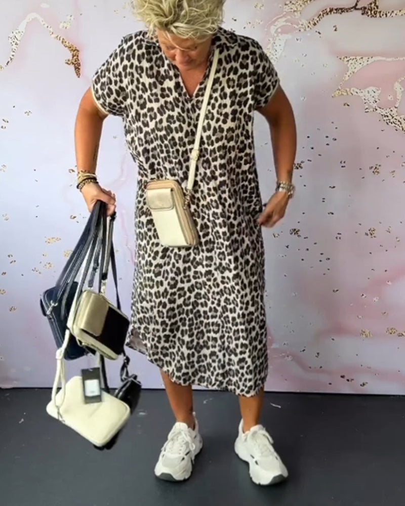 Leopard Print V-Neck Short Sleeve Dress For Women Street-wave Breathable Comfort Everyday
