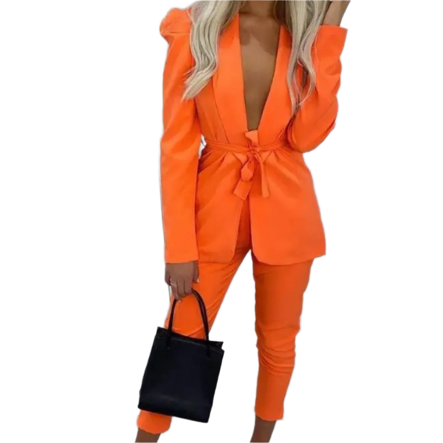 Street-Wave Color Contrast Blazer For Women Belted Deep V Neck Bold Orange Statement Piece For Work And Evening