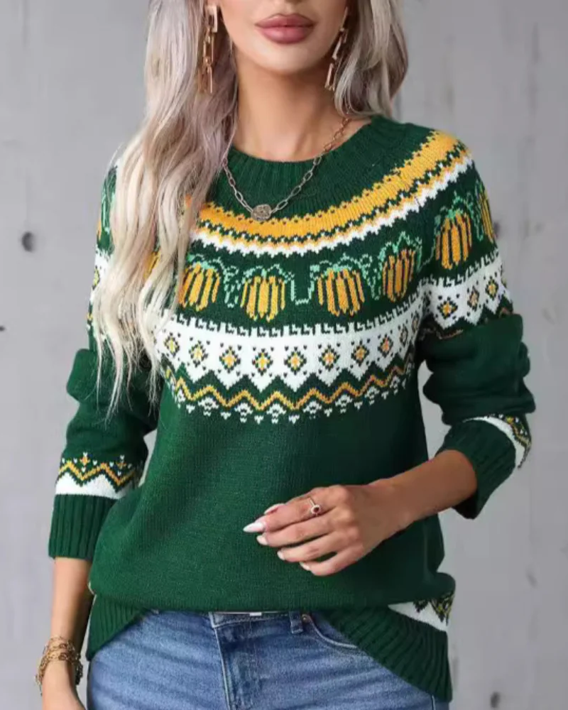 Street Wave Vintage Sweatshirt Cozy Warm Knit With Nostalgic Autumn Print For Women